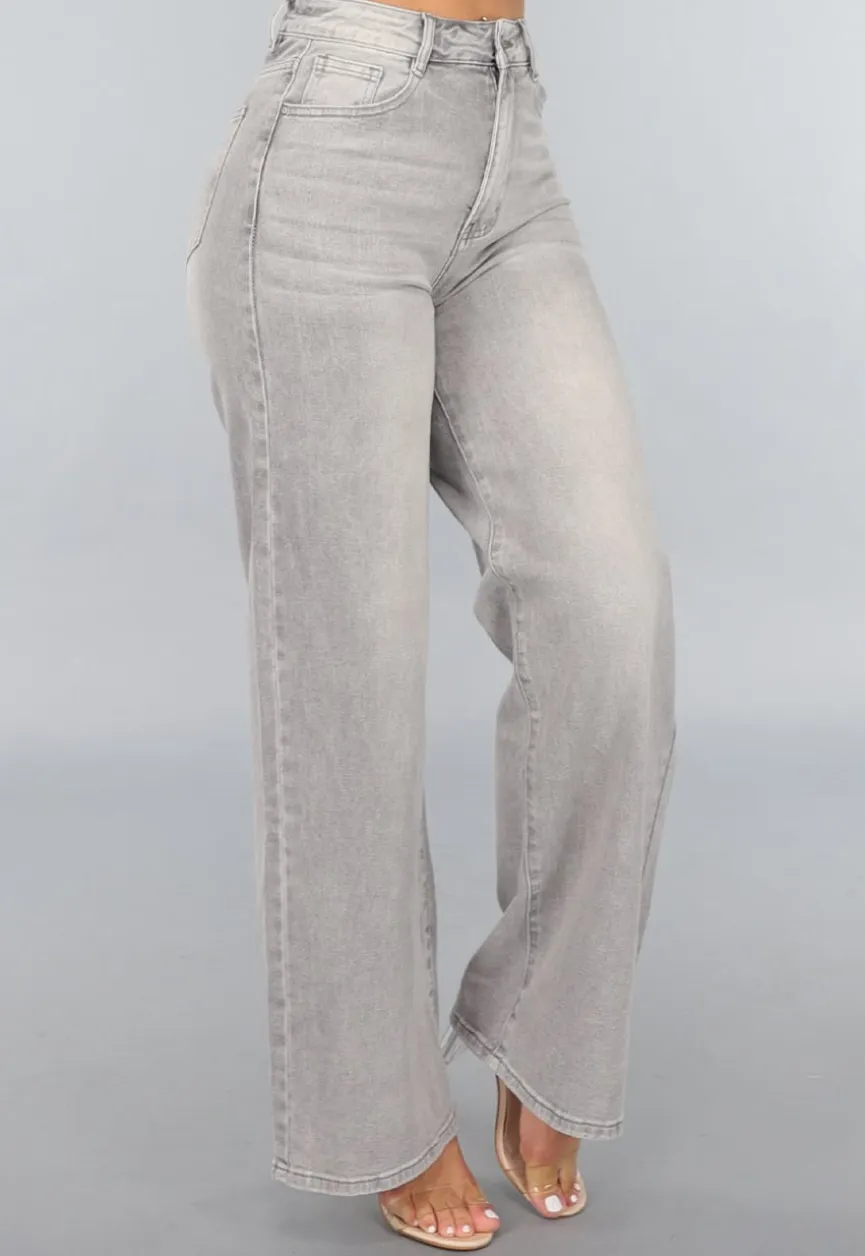 Grijze High Waist Wide Leg Jeans