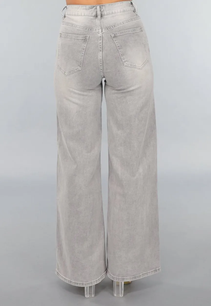 Grijze High Waist Wide Leg Jeans