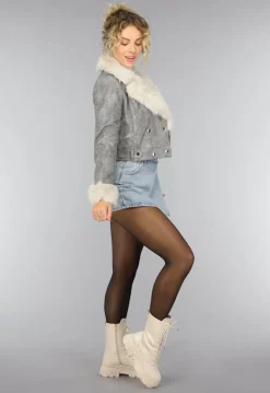 Grijze Korte Jas met Beige Bontkraag