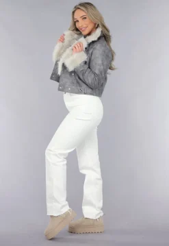 Grijze Korte Jas met Beige Bontkraag