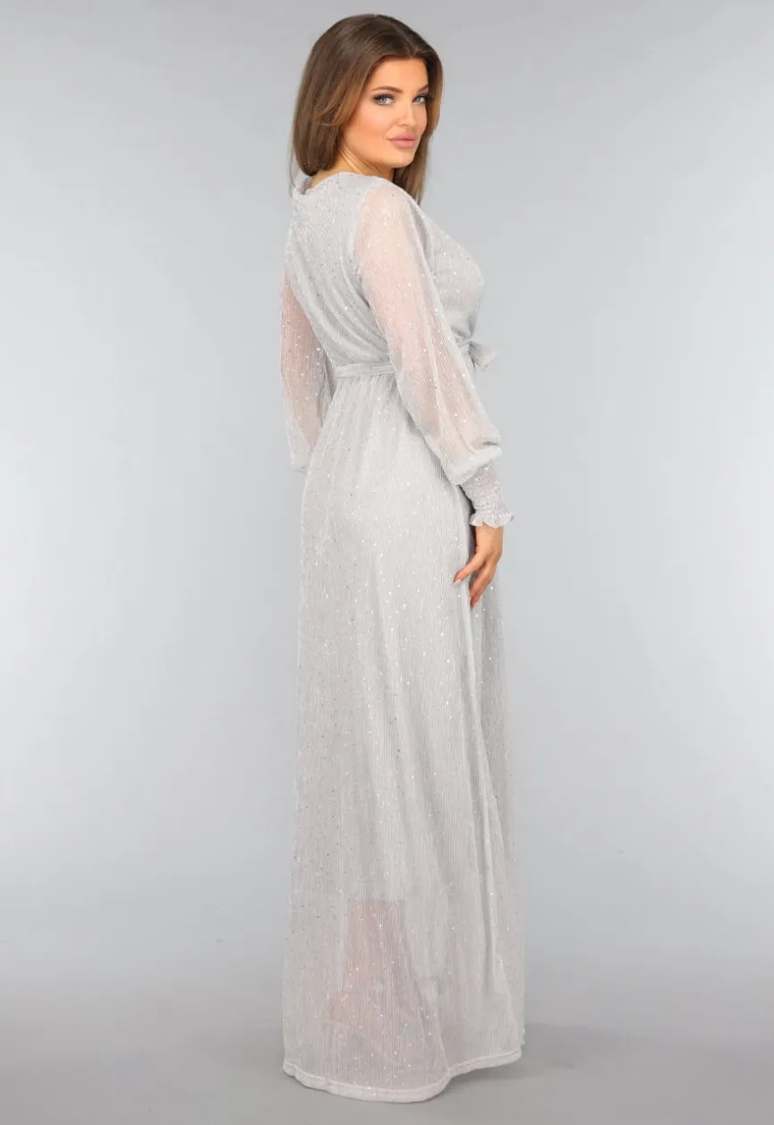 Grijze Lange Glitter Jurk met Tailleband