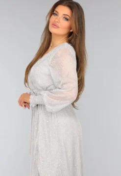Grijze Lange Glitter Jurk met Tailleband