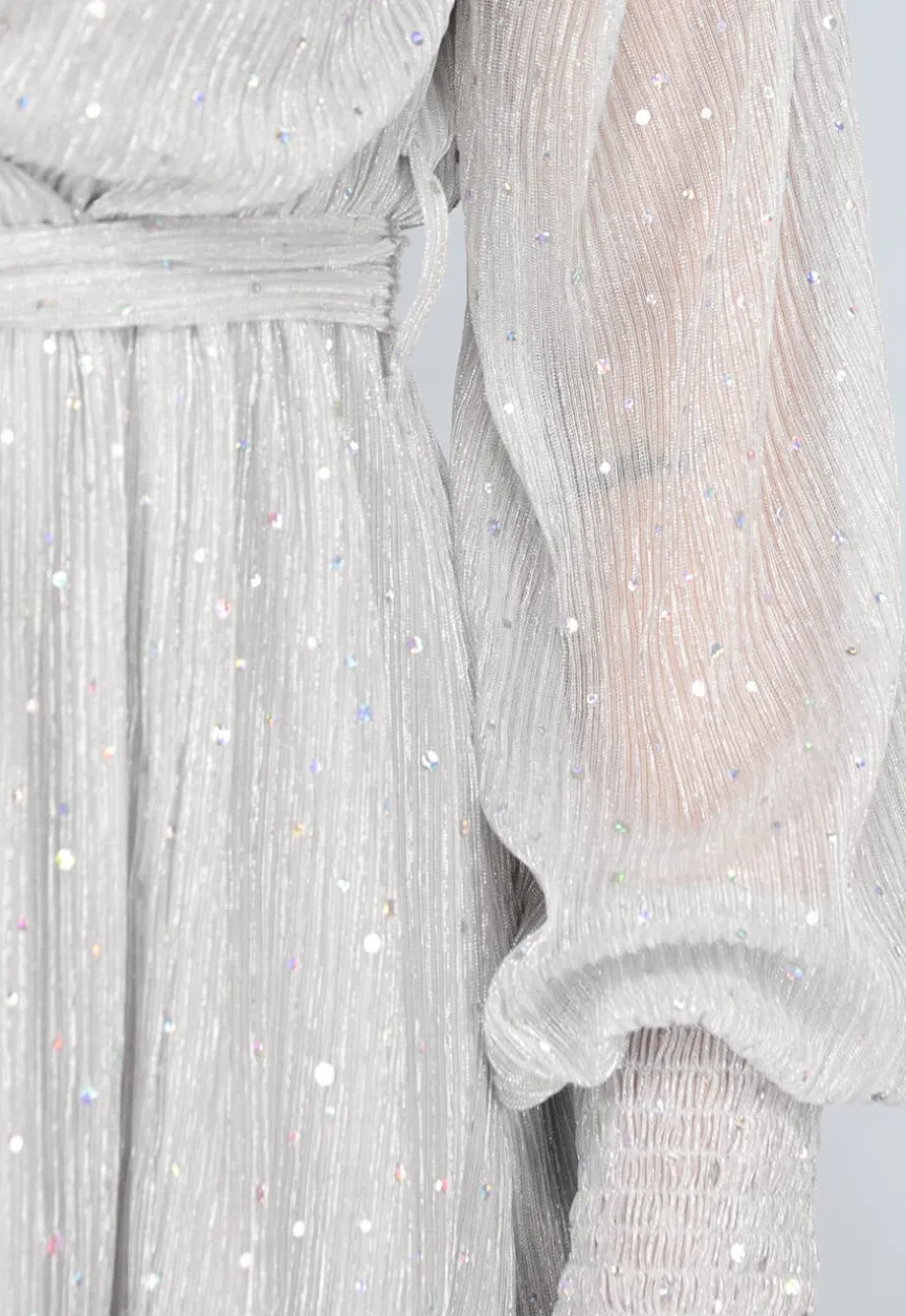 Grijze Lange Glitter Jurk met Tailleband