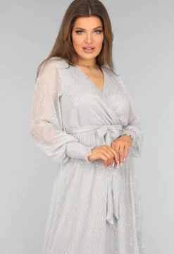 Grijze Lange Glitter Jurk met Tailleband