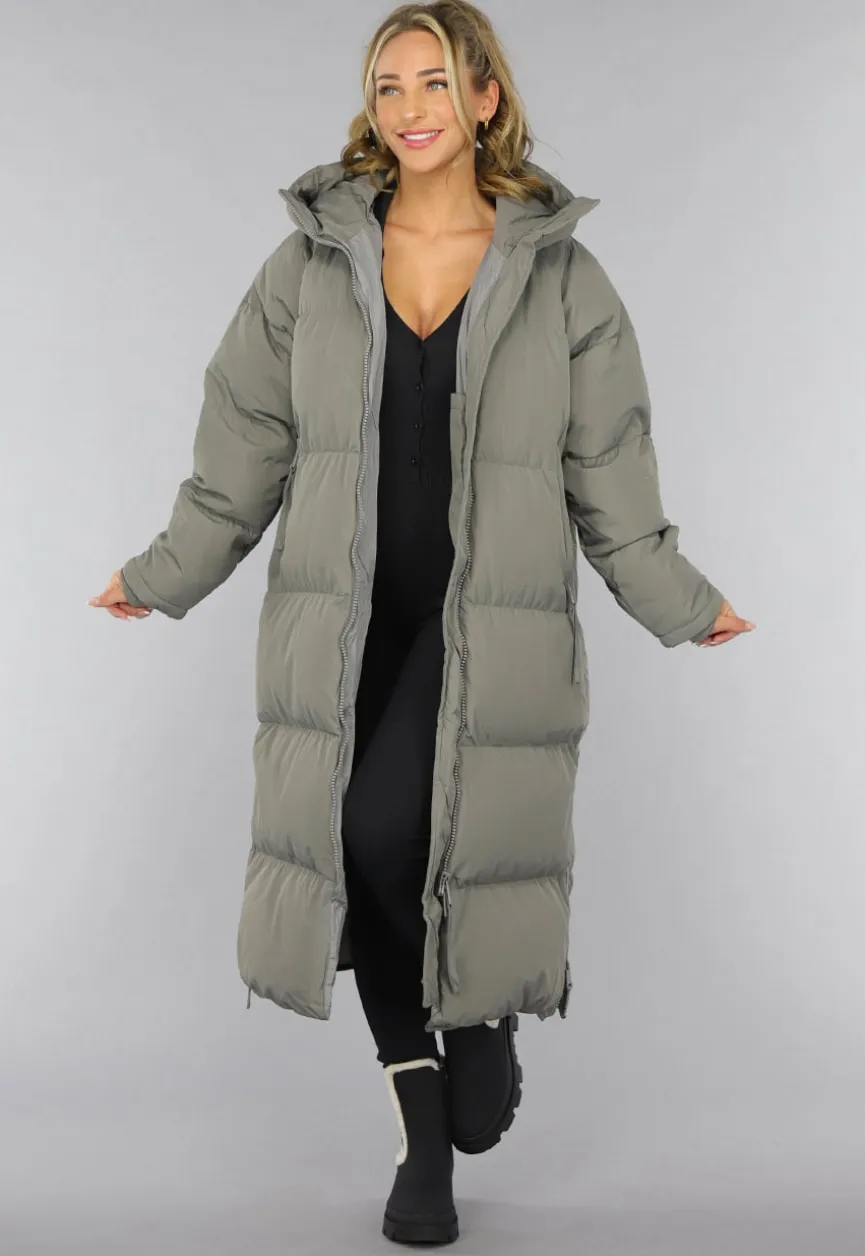 Grijze Lange Puffer Winterjas