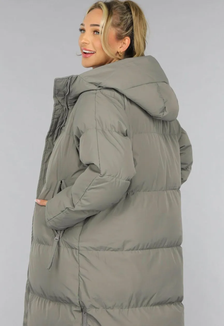 Grijze Lange Puffer Winterjas
