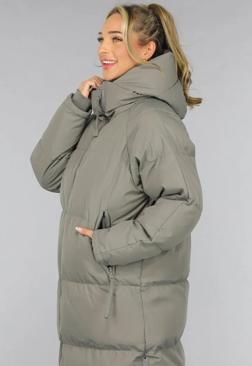 Grijze Lange Puffer Winterjas