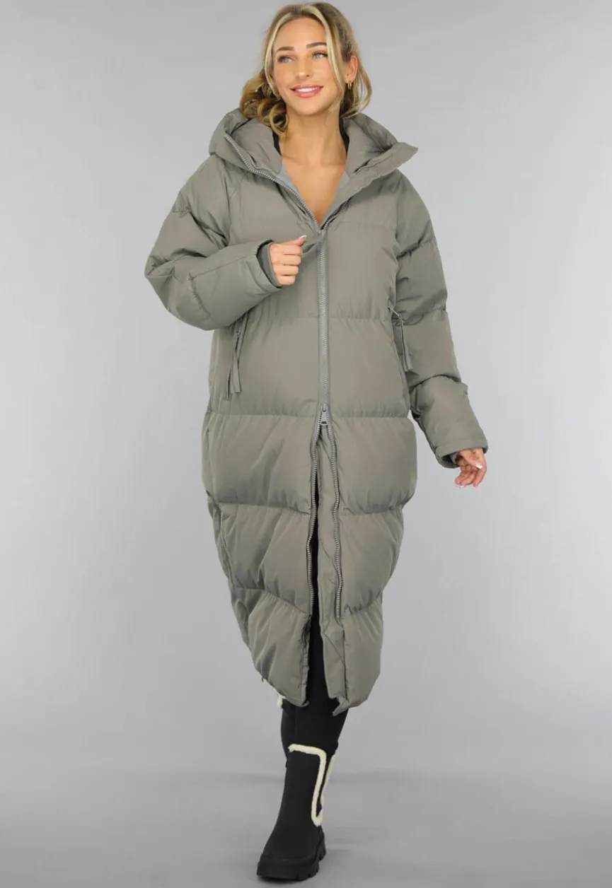 Grijze Lange Puffer Winterjas