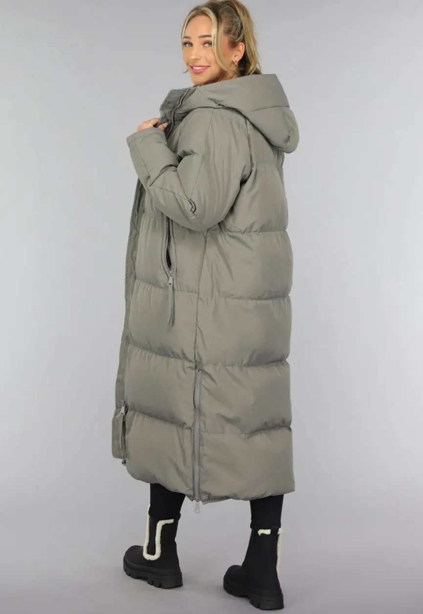 Grijze Lange Puffer Winterjas