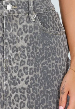 Grijze Leopard Print Denim Rok met High Waist