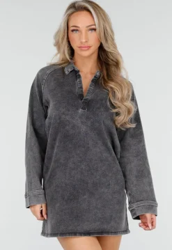 Grijze Longsleeve Oversized Denim Jurk met V-hals