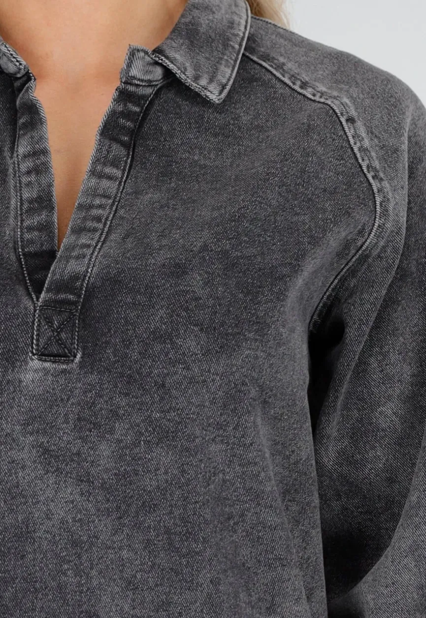 Grijze Longsleeve Oversized Denim Jurk met V-hals