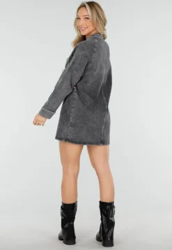 Grijze Longsleeve Oversized Denim Jurk met V-hals
