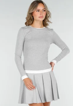 Grijze Longsleeve Top met Witte Boorden aan Hals en Mouwen