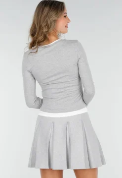 Grijze Longsleeve Top met Witte Boorden aan Hals en Mouwen