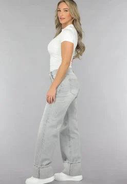 Grijze Mid Waist Omgeslagen Straight Leg Jeans