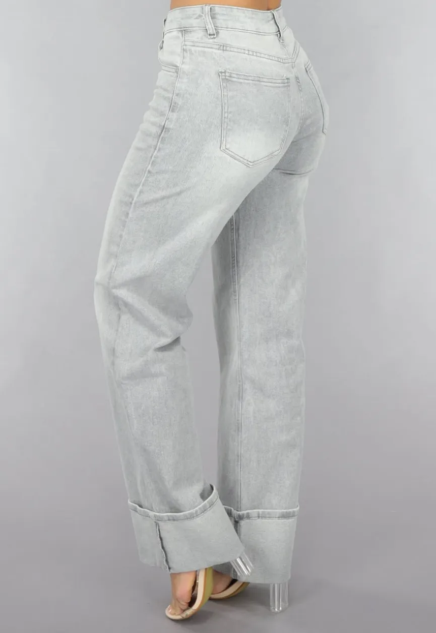 Grijze Mid Waist Omgeslagen Straight Leg Jeans