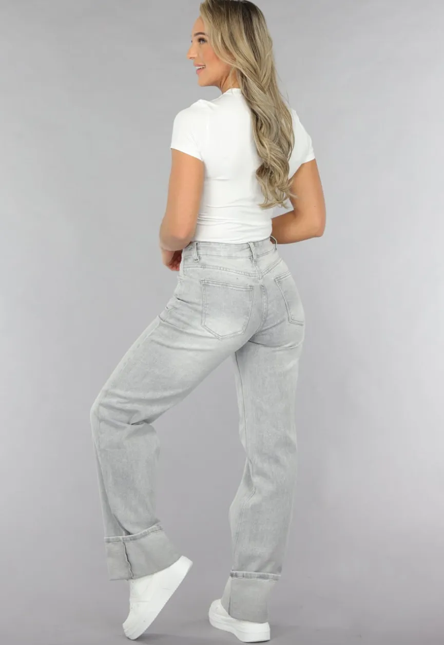 Grijze Mid Waist Omgeslagen Straight Leg Jeans