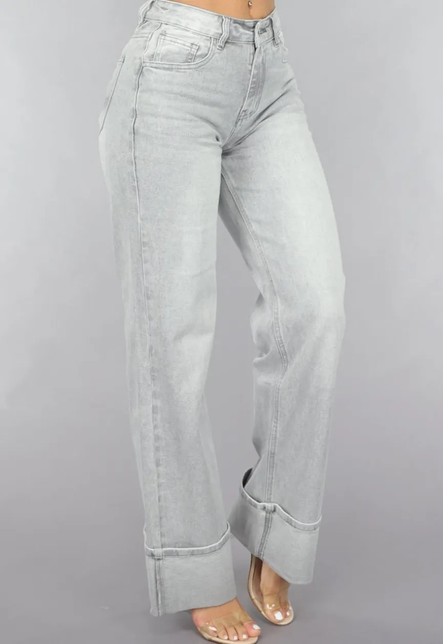 Grijze Mid Waist Omgeslagen Straight Leg Jeans