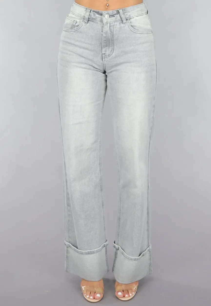 Grijze Mid Waist Omgeslagen Straight Leg Jeans