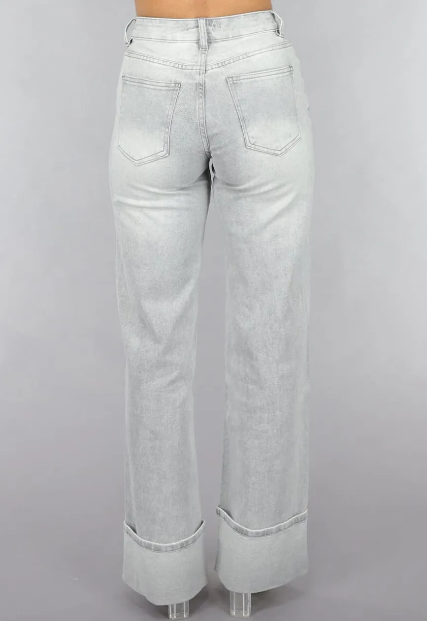 Grijze Mid Waist Omgeslagen Straight Leg Jeans
