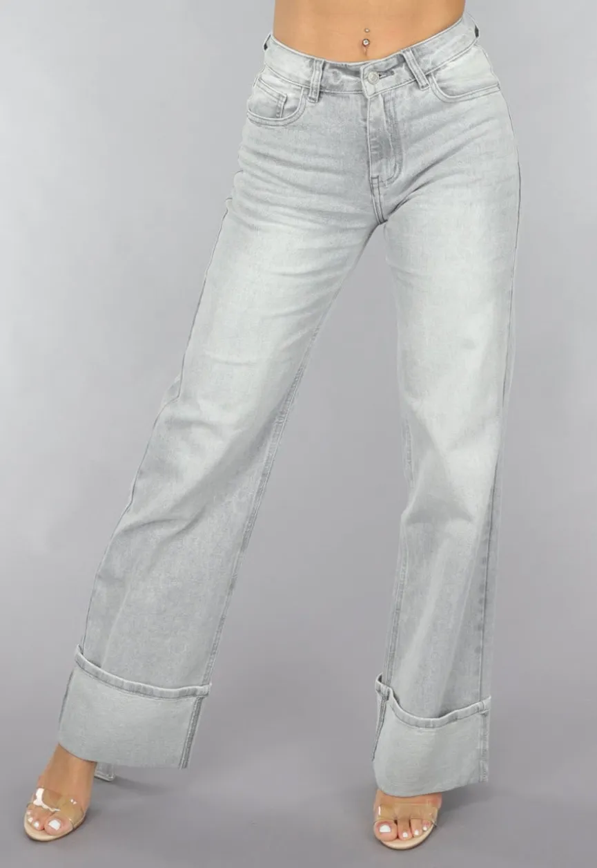Grijze Mid Waist Omgeslagen Straight Leg Jeans