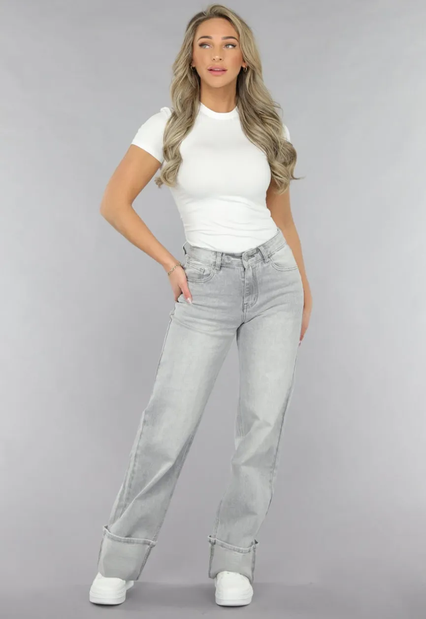 Grijze Mid Waist Omgeslagen Straight Leg Jeans