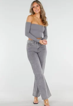 Grijze Off Shoulder Crop Top met Lange Mouwen