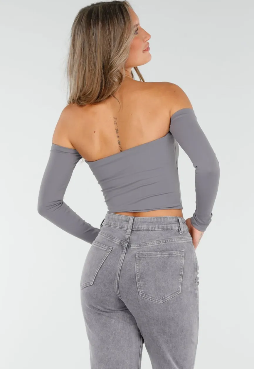 Grijze Off Shoulder Crop Top met Lange Mouwen