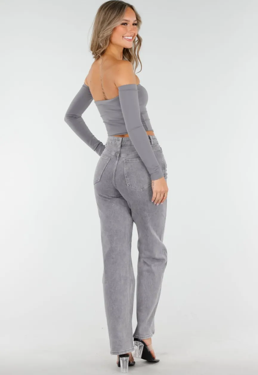 Grijze Off Shoulder Crop Top met Lange Mouwen