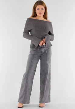 Grijze Off Shoulder Gebreide Trui met Uitlopende Mouwen