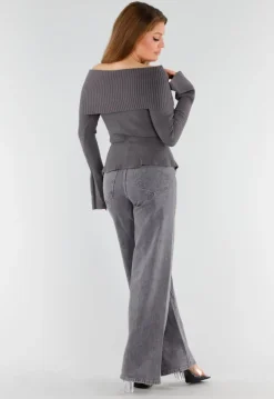 Grijze Off Shoulder Gebreide Trui met Uitlopende Mouwen
