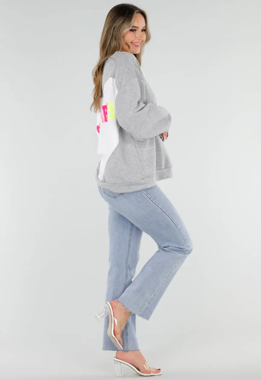 Grijze Oversized Sweater met Good Vibes Print