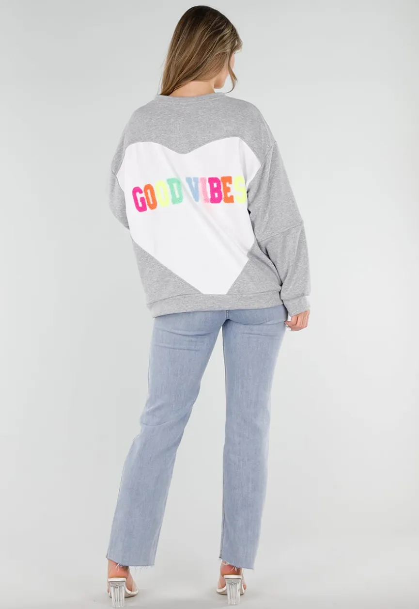 Grijze Oversized Sweater met Good Vibes Print