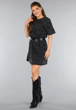 Grijze Oversized T-Shirt Jurk met Panterprint