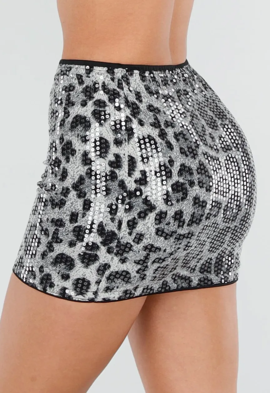 Grijze Panterprint Rok met Pailletten en Stretch