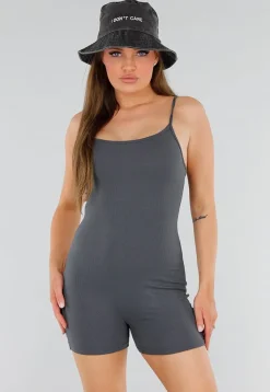 Grijze Playsuit met Ribstructuur, Stretch en Rechte Hals