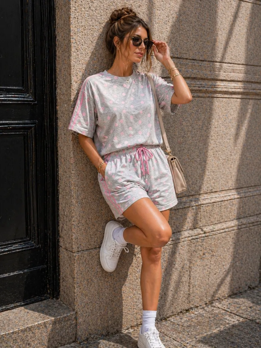 Grijze Polkadot Two Piece Set met T-Shirt en Shorts