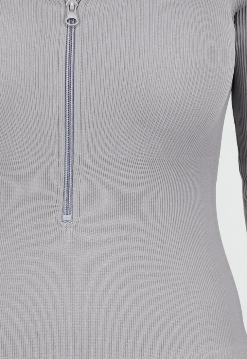 Grijze Rib Jumpsuit Met Lange Mouwen en Ritssluiting