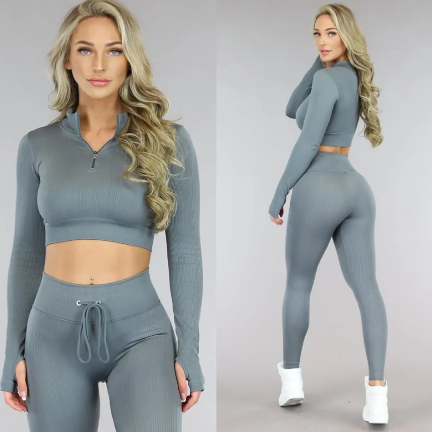 Grijze Rib Sporttop met Zipper