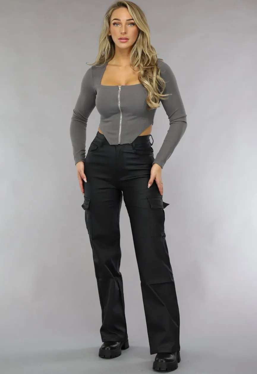 Grijze Rib Top met Lange Mouwen en Rits