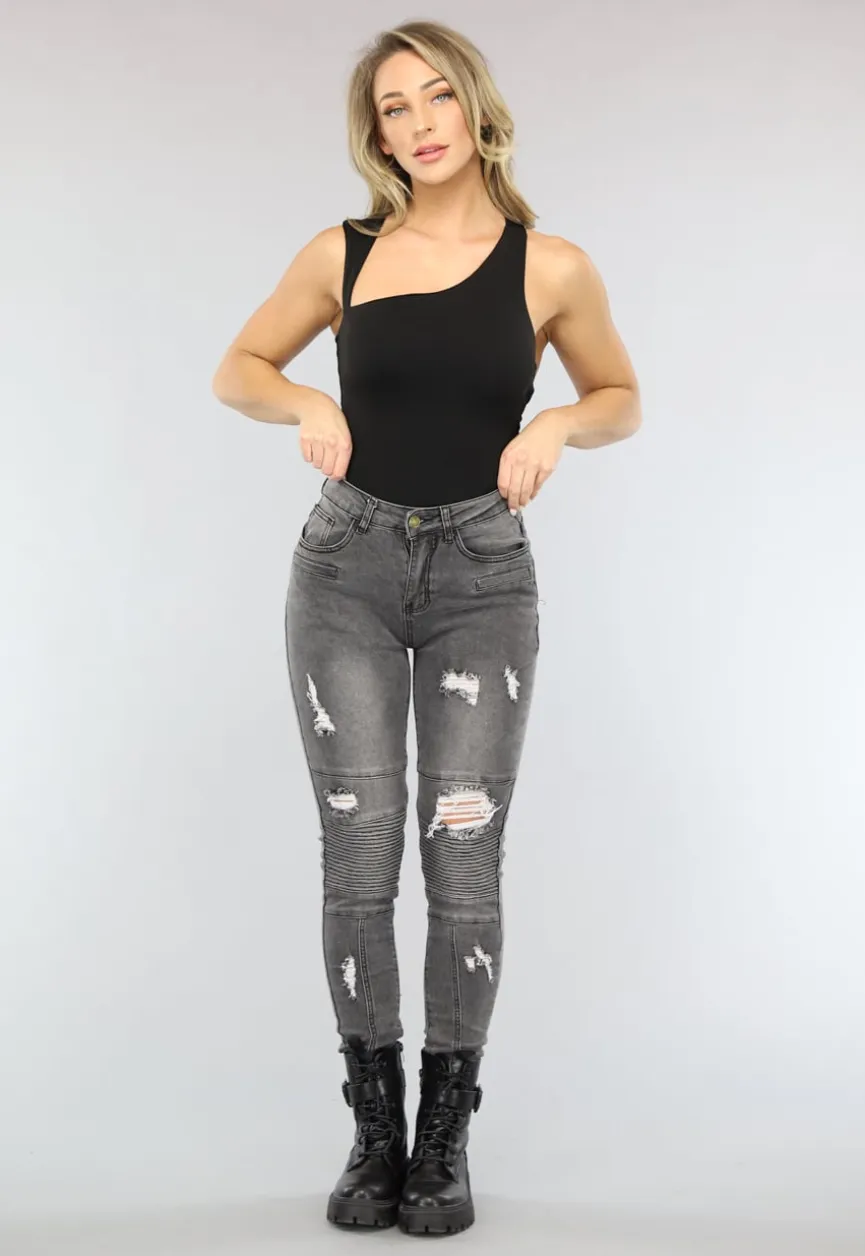 Grijze Ripped Skinny Jeans met Rib Detail