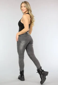 Grijze Ripped Skinny Jeans met Rib Detail
