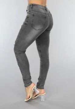 Grijze Ripped Skinny Jeans met Rib Detail