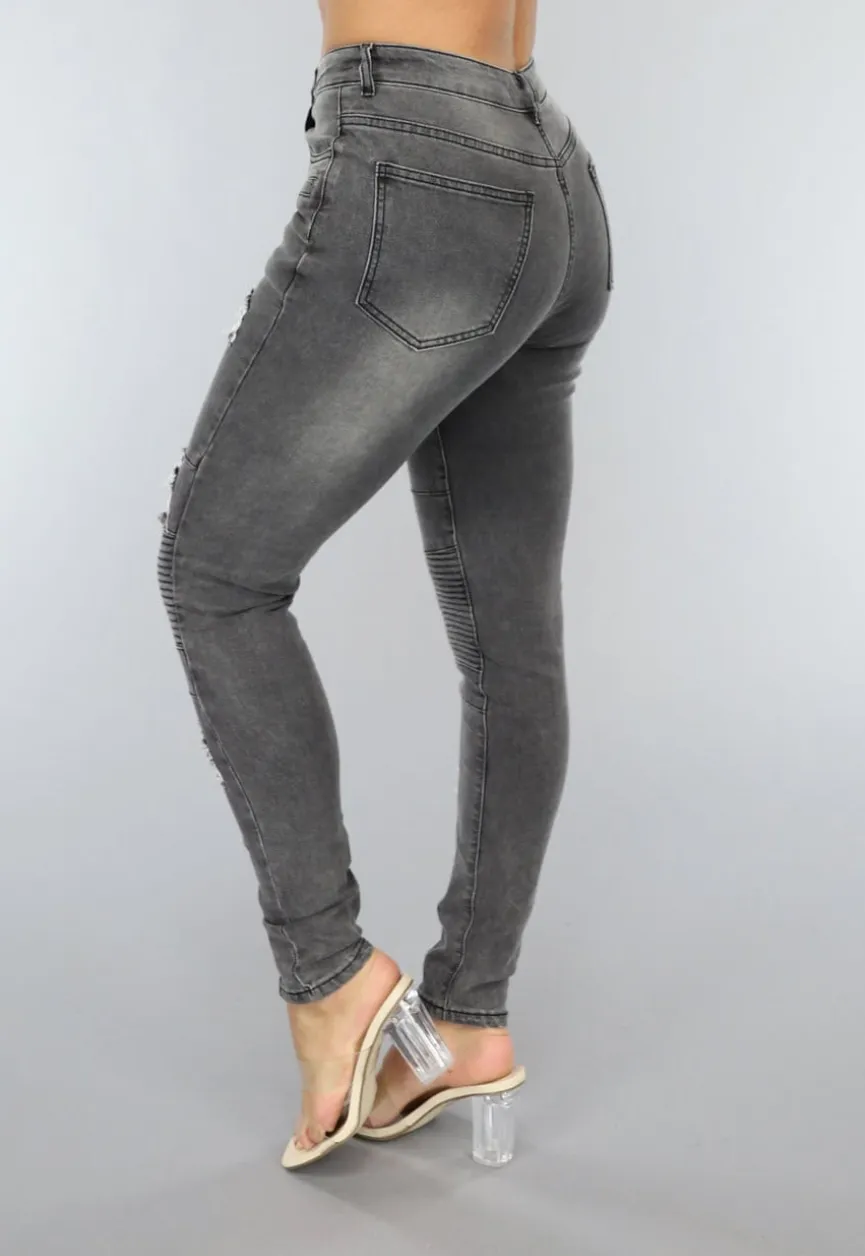 Grijze Ripped Skinny Jeans met Rib Detail