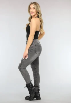 Grijze Ripped Skinny Jeans met Rib Detail