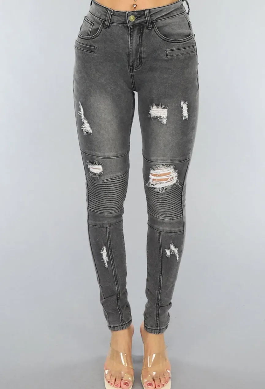 Grijze Ripped Skinny Jeans met Rib Detail