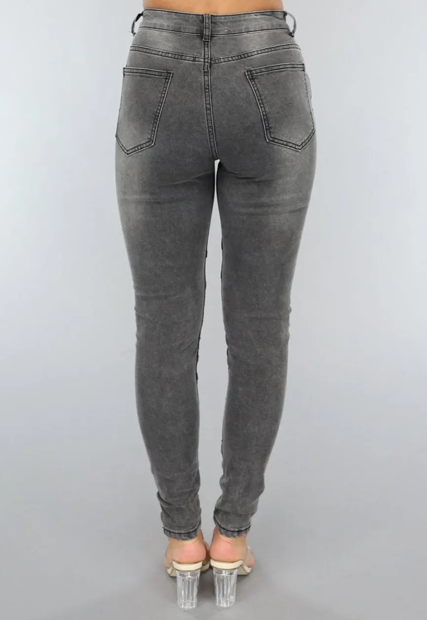 Grijze Ripped Skinny Jeans met Rib Detail