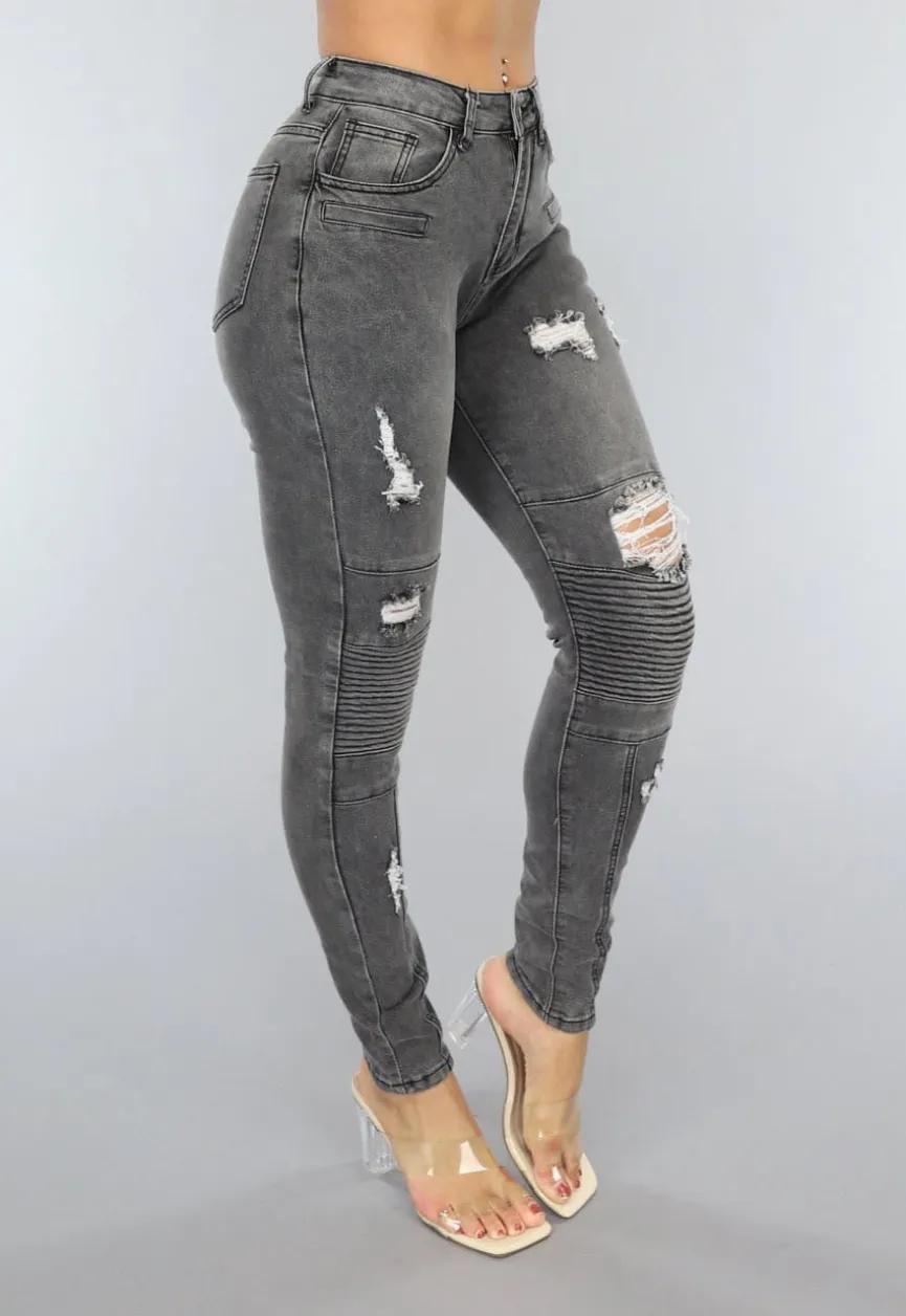 Grijze Ripped Skinny Jeans met Rib Detail