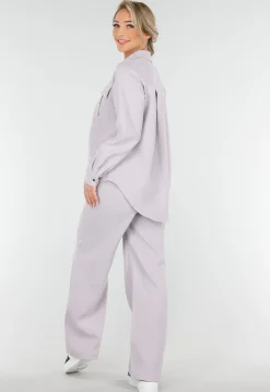 Grijze Set met Blouse en Straight Leg Broek met Gouden Knopen